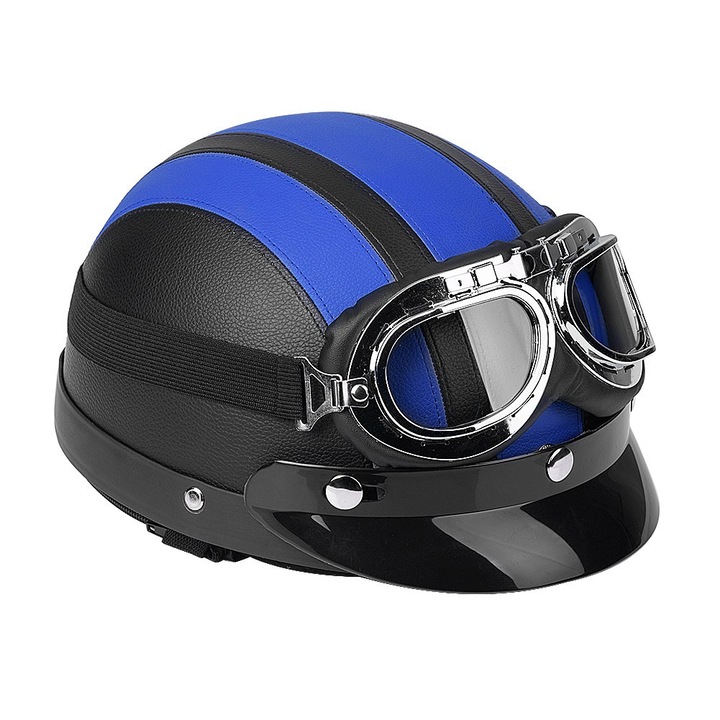 Casca motociclistica set, albastra, 54-60 cm, cu ochelari UV si fular din piele