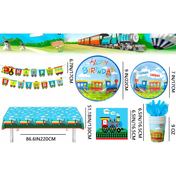 Set pentru petrecere, ElifJoyDeco, 128 piese, tema tren si masini
