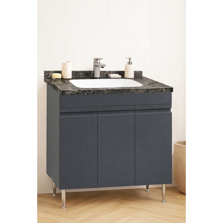 Mobilier de baie Baza MDF si lavoar Dubai, cu soft-close, Badenmob, seria 886, 80x83x46cm, Antracit