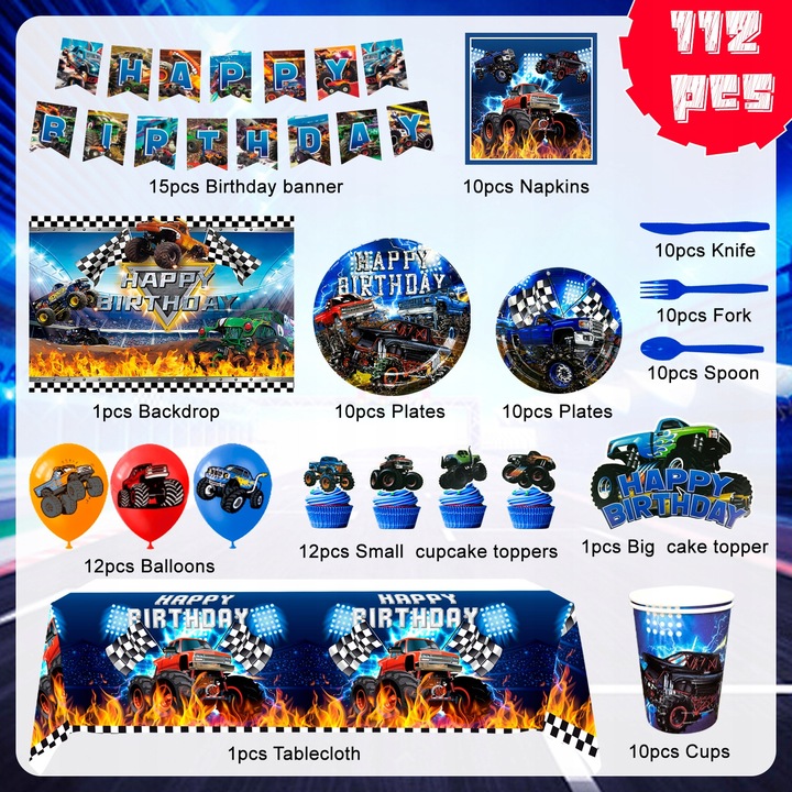 Set baloane, ElifJoyDeco, camion, talerze, kubeczki, decoratiuni, petrecere