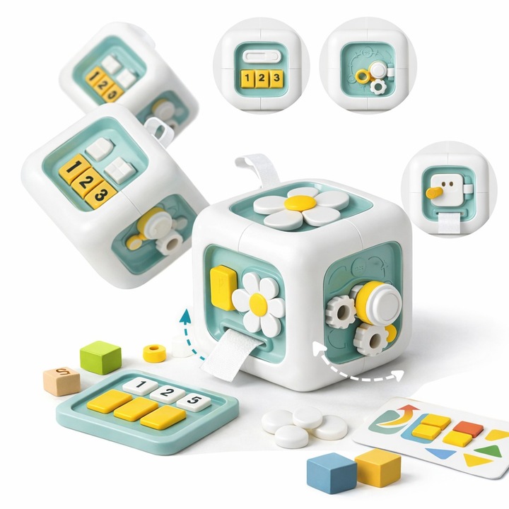 Cub Montessori 6 in 1 Senzorial pentru Bebelusi, Jucarie Educativa cu 6 Fete Interactive, Texturi Diferite, Apasa si Apuca, Dezvoltare Motorie si Senzoriala, Material Non-Toxic, Margini Rotunde, Rezistent la Socuri, 8.5x8.5x8.5 cm, Verde