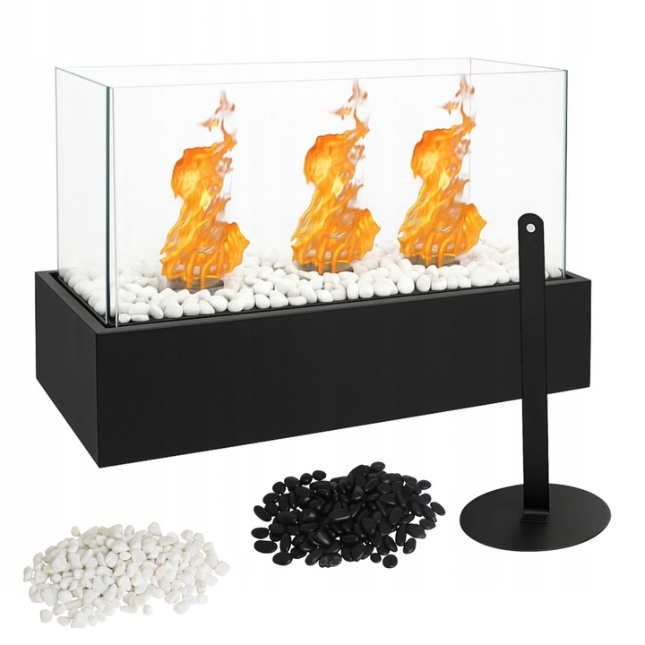 Biosemineu TD STONES, 3 arzatoare, negru, 45x29x21cm, set cu pietre decorative