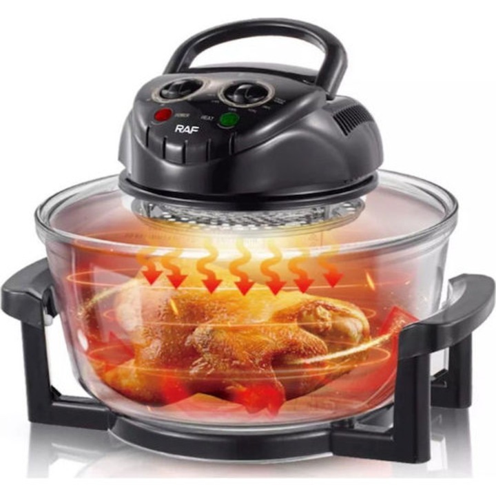 Cuptor cu halogen 12L, bol din sticla, gatire 360°, tip Air Fryer, negru