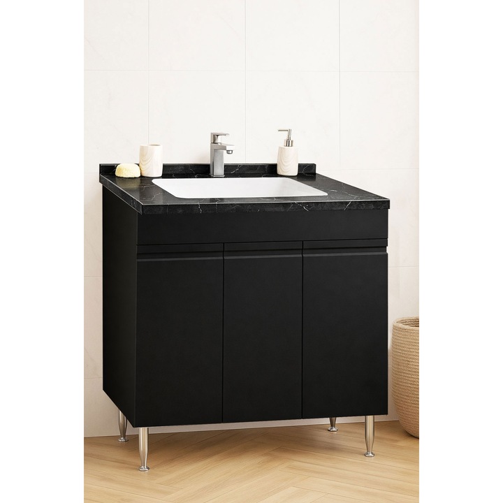 Mobilier de baie Baza MDF si lavoar Dubai, cu soft-close, Badenmob, seria 886, 80x83x46cm, Negru