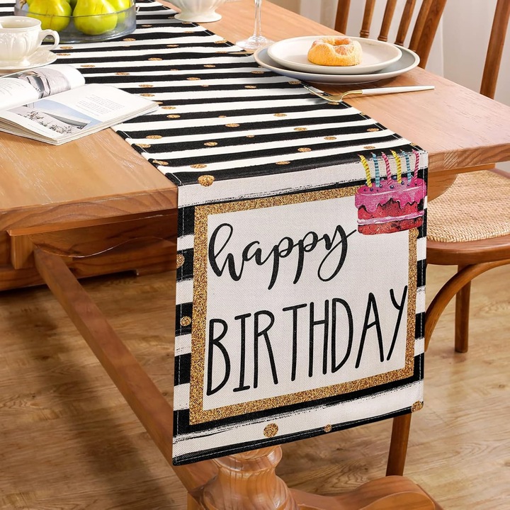 Fata de masa aniversare Hanrunsi cu dungi negre si puncte aurii, 33x183 cm