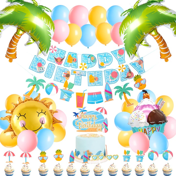 Decoratiuni Petrecere Plaja, Hawaii, Baloane, Banner Zi Nastere