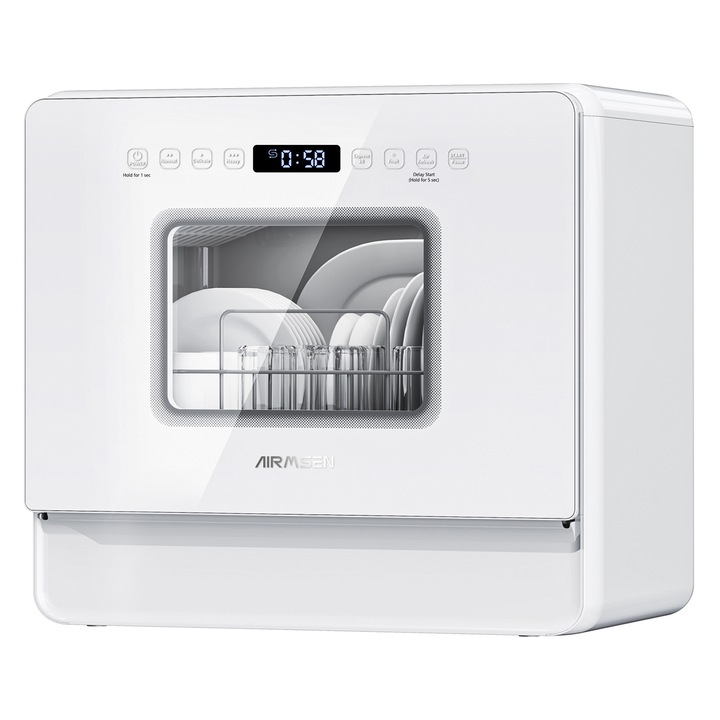 Masina de spalat vase mini AIRMSEN de blat cu dedurizator de apa, 7+2 programe de spalare, rezervor de apa de 5 litri, conexiune optionala pentru furtun este ideala pentru apartamente si rulote. Alb
