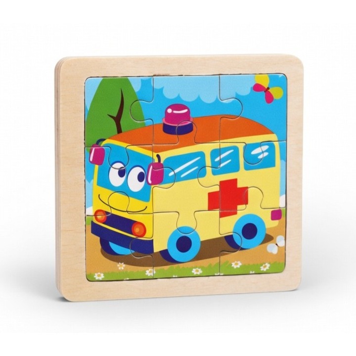 Oktató fa puzzle mentőautó gyerekeknek - 9 darab - fejleszti a logikus gondolkodást - 3+ év, PinkBlue