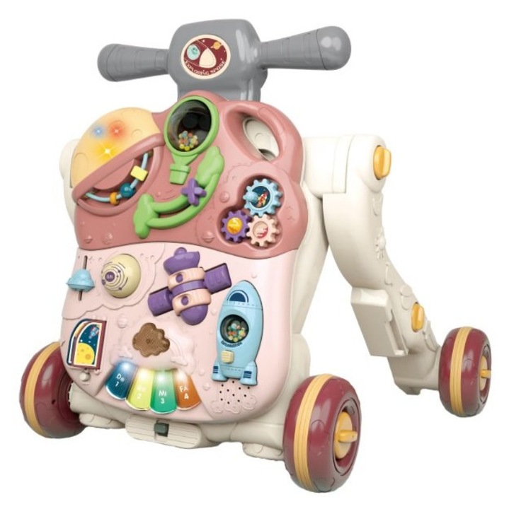 Antepremergator evolutiv pentru copii Malplay Pink, cu lumini, sunete si angrenaje rotative, dimensiune 45 x 42 x 46 cm