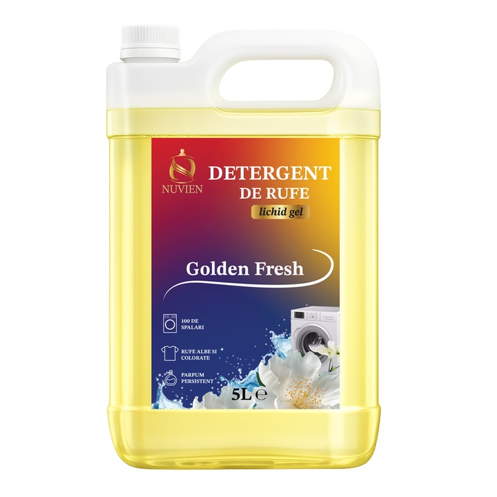 Detergent lichid gel pentru rufe, Nuvien Golden Fresh, 5L, 100 spălări, alb-colorat