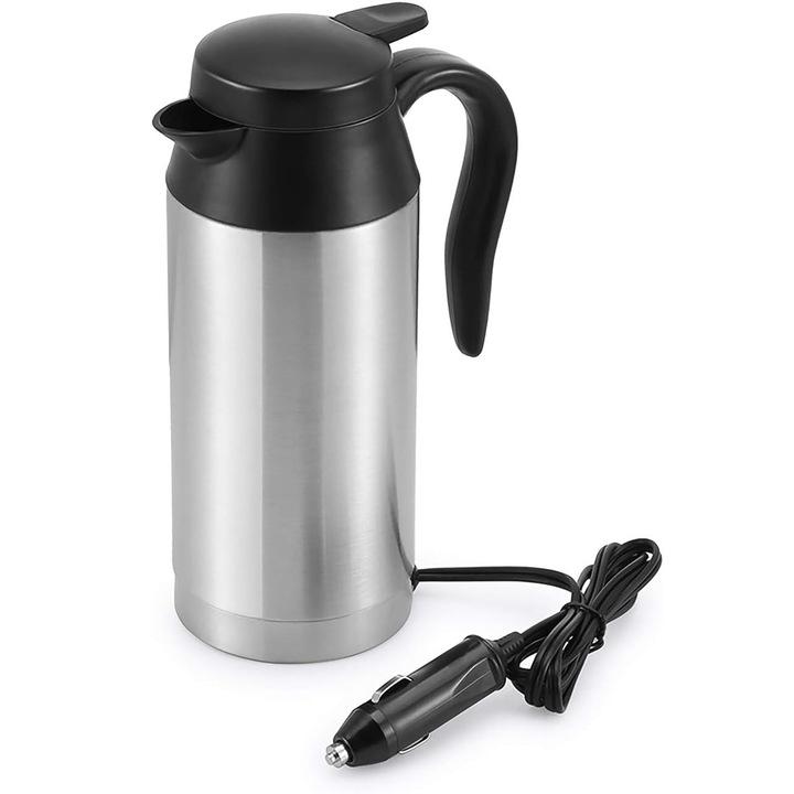 Fierbator Electric Portabil 750ml, Fierbator Electric de Calatorie, 12V, Inox, Pentru Masina, Argintiu/Negru