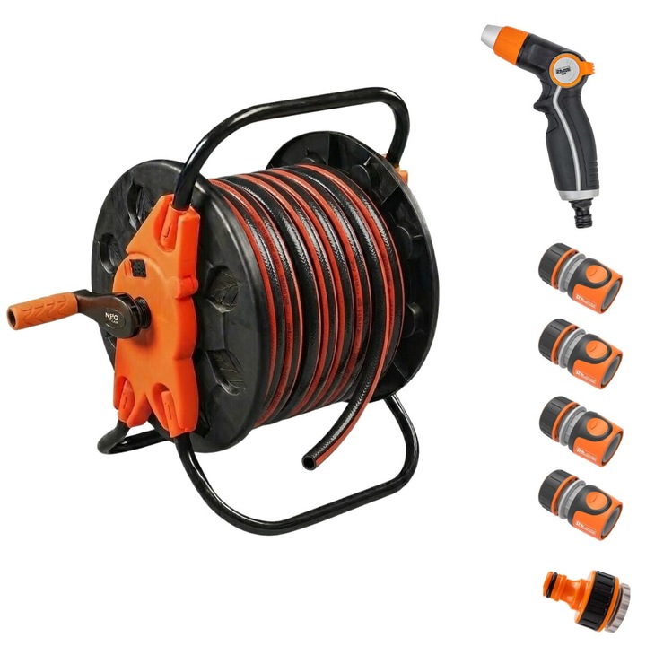 Kerti tömlő, 4 rétegű, flexibilis, erősített, 1/2", 20 m, tömlődob, csatlakozók, adapter, szórópisztoly, Richmann Exclusive