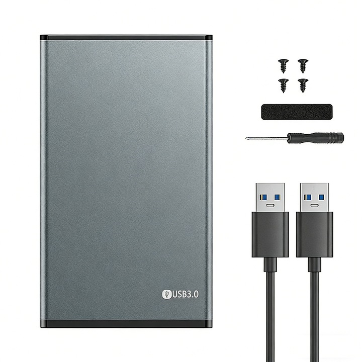 Външна кутия за твърд диск, asskanaer, С USB към USB кабел, Максимален капацитет 4TB, USB 3.0, Външен корпус, 2.5, Скорост на трансфер до 5Gbps, Plug and Play, Съвместим с 2.5 инча SATA HDD/SSD, Алуминий, 125*75*14mm, Сребрист