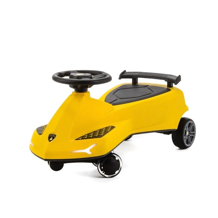 Masinuta pentru copii gravitationala Lamborghini, cu roti din cauciuc LED, directie 360° si iluminare frontala suplimentara, galben, Lambo