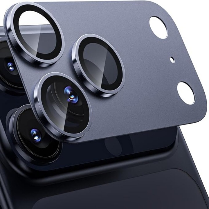 Folie Protectie Camera compatibila cu iPhone 17 Pro, Full Cover, Protectie Profesionala, Sticla temperata 9H, Ultra HD, Anti Amprente, Anti Zgarieturi, Anti Socuri, Albastru