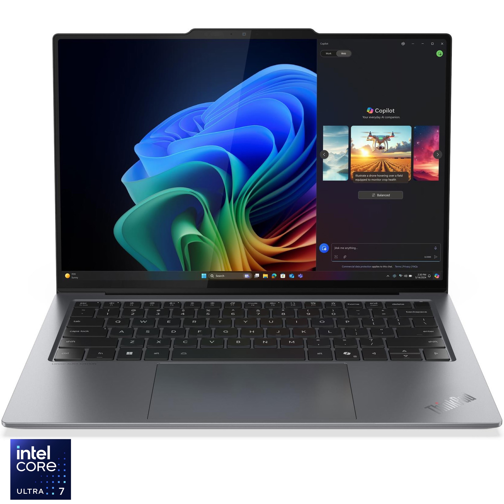 Laptop Lenovo ThinkPad X9-14 Gen 1 Aura Edition cu procesor Intel Core™ Ultra 7 258V pana la 4.80 GHz, 14" WUXGA OLED 400nits, 32GB RAM, 512GB SSD, Intel® Arc™ Graphics 140V, Windows 11 Pro, Grey, 3-year, Courier or Carry-in