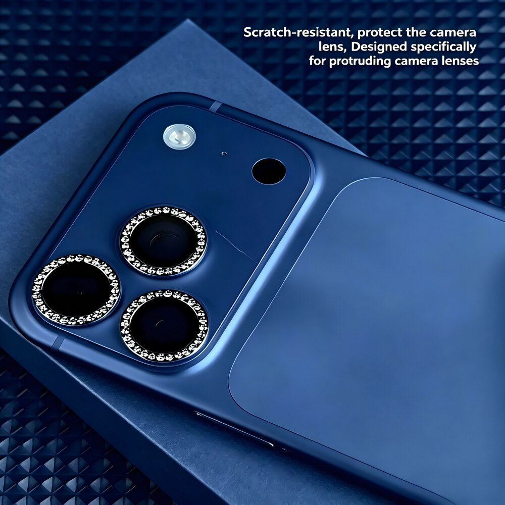 Folie Protectie Camera cu Pietricele Diamantate compatibila cu iPhone 17 Pro Max, Sticla Temperata 9H, Full Cover, AR Anti-Reflexie 98% Transmisie Luminoasa, Anti Amprente, Anti Zgarieturi, Anti Socuri, Albastru