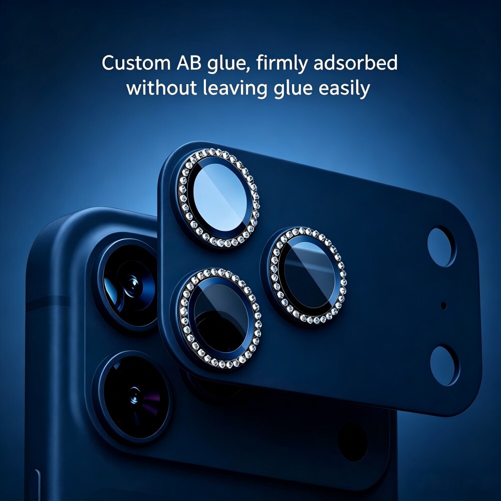 Folie Protectie Camera cu Pietricele Diamantate compatibila cu iPhone 17 Pro Max, Sticla Temperata 9H, Full Cover, AR Anti-Reflexie 98% Transmisie Luminoasa, Anti Amprente, Anti Zgarieturi, Anti Socuri, Albastru