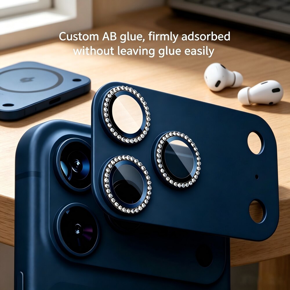 Folie Protectie Camera cu Pietricele Diamantate compatibila cu iPhone 17 Pro Max, Sticla Temperata 9H, Full Cover, AR Anti-Reflexie 98% Transmisie Luminoasa, Anti Amprente, Anti Zgarieturi, Anti Socuri, Albastru