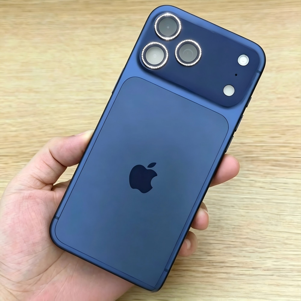 Folie Protectie Camera cu Pietricele Diamantate compatibila cu iPhone 17 Pro Max, Sticla Temperata 9H, Full Cover, AR Anti-Reflexie 98% Transmisie Luminoasa, Anti Amprente, Anti Zgarieturi, Anti Socuri, Albastru