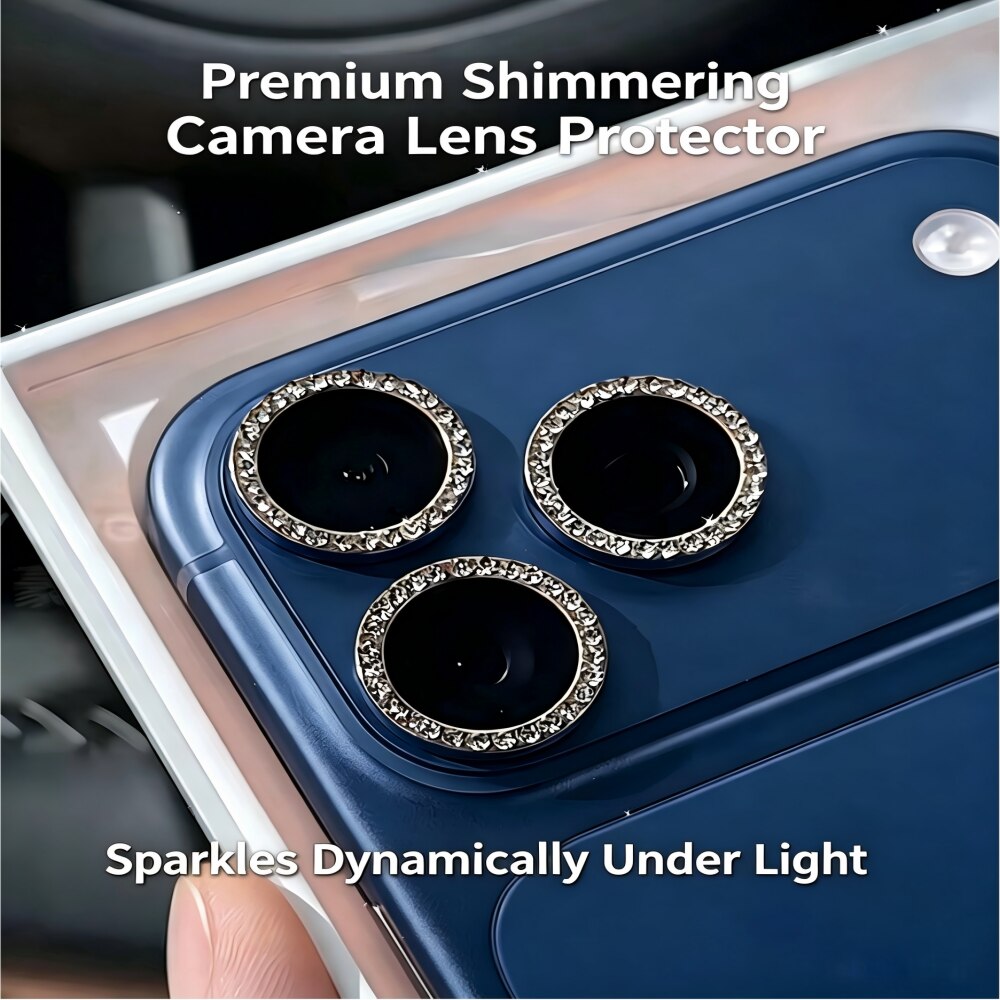 Folie Protectie Camera cu Pietricele Diamantate compatibila cu iPhone 17 Pro Max, Sticla Temperata 9H, Full Cover, AR Anti-Reflexie 98% Transmisie Luminoasa, Anti Amprente, Anti Zgarieturi, Anti Socuri, Albastru