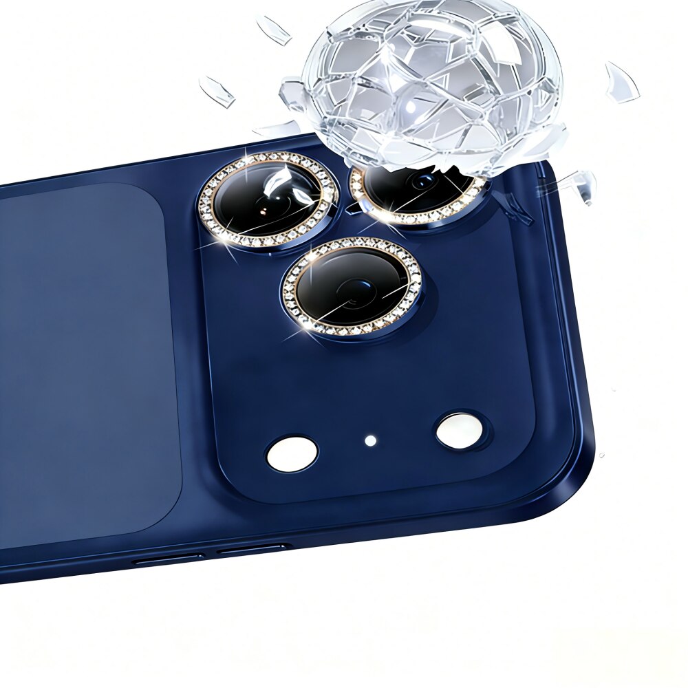 Folie Protectie Camera cu Pietricele Diamantate compatibila cu iPhone 17 Pro Max, Sticla Temperata 9H, Full Cover, AR Anti-Reflexie 98% Transmisie Luminoasa, Anti Amprente, Anti Zgarieturi, Anti Socuri, Albastru