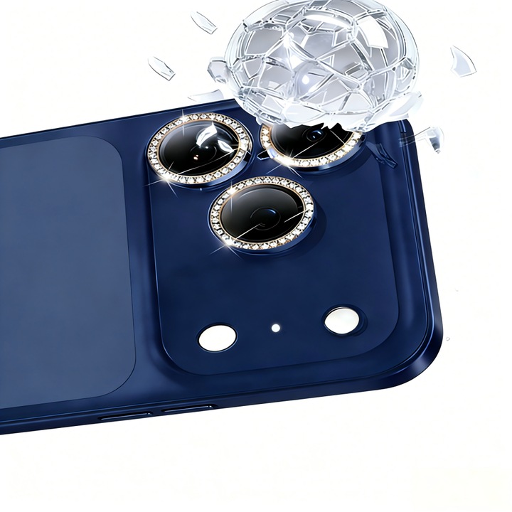 Folie Protectie Camera cu Pietricele Diamantate compatibila cu iPhone 17 Pro Max, Sticla Temperata 9H, Full Cover, AR Anti-Reflexie 98% Transmisie Luminoasa, Anti Amprente, Anti Zgarieturi, Anti Socuri, Albastru