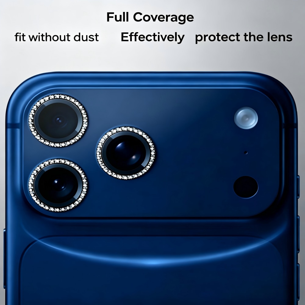 Folie Protectie Camera cu Pietricele Diamantate compatibila cu iPhone 17 Pro Max, Sticla Temperata 9H, Full Cover, AR Anti-Reflexie 98% Transmisie Luminoasa, Anti Amprente, Anti Zgarieturi, Anti Socuri, Albastru