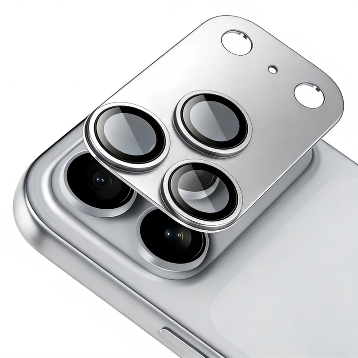 Folie Protectie Camera compatibila cu iPhone 17 Pro, Full Cover, Protectie Profesionala, Sticla temperata 9H, Ultra HD, Anti Amprente, Anti Zgarieturi, Anti Socuri, Argintiu