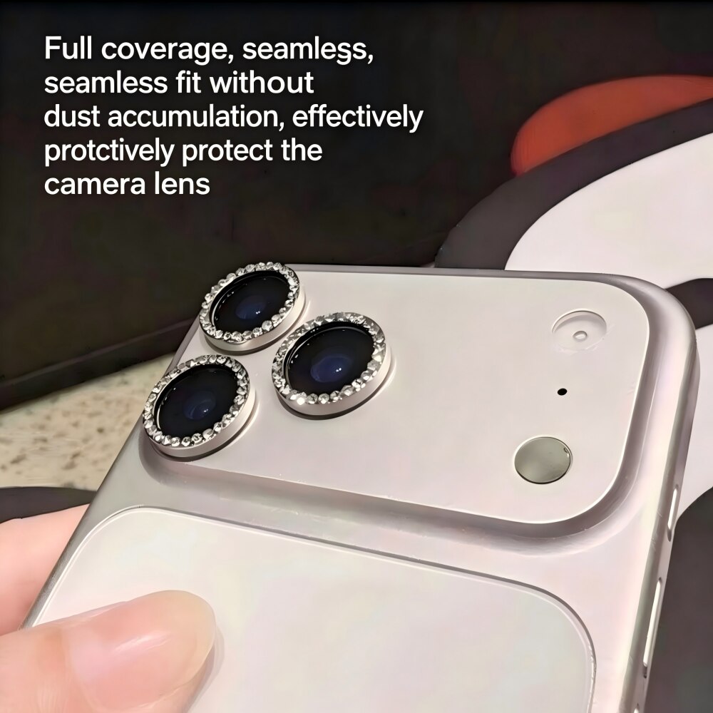 Folie Protectie Camera cu Pietricele Diamantate compatibila cu iPhone 17 Pro Max, Sticla Temperata 9H, Full Cover, AR Anti-Reflexie 98% Transmisie Luminoasa, Anti Amprente, Anti Zgarieturi, Anti Socuri, Argintiu