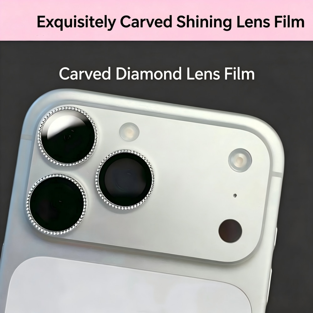 Folie Protectie Camera cu Pietricele Diamantate compatibila cu iPhone 17 Pro Max, Sticla Temperata 9H, Full Cover, AR Anti-Reflexie 98% Transmisie Luminoasa, Anti Amprente, Anti Zgarieturi, Anti Socuri, Argintiu