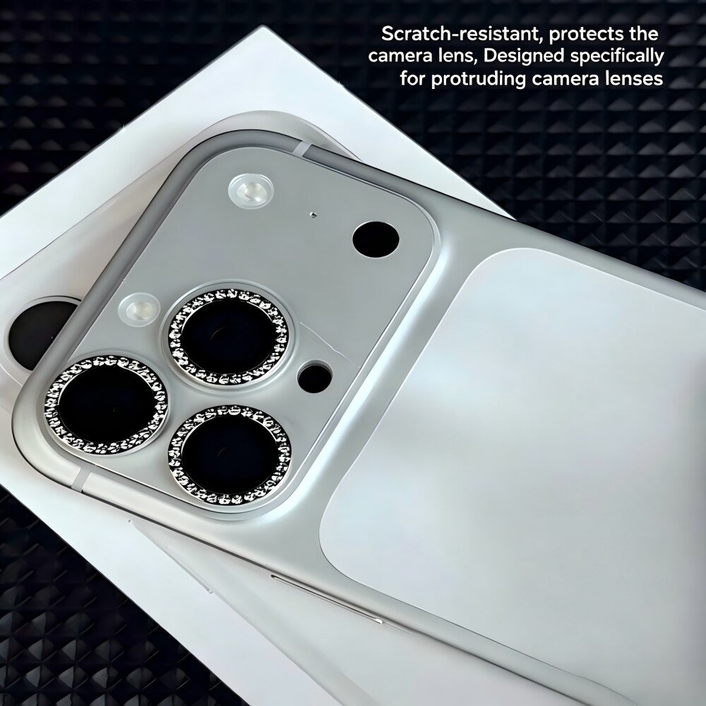 Folie Protectie Camera cu Pietricele Diamantate compatibila cu iPhone 17 Pro Max, Sticla Temperata 9H, Full Cover, AR Anti-Reflexie 98% Transmisie Luminoasa, Anti Amprente, Anti Zgarieturi, Anti Socuri, Argintiu