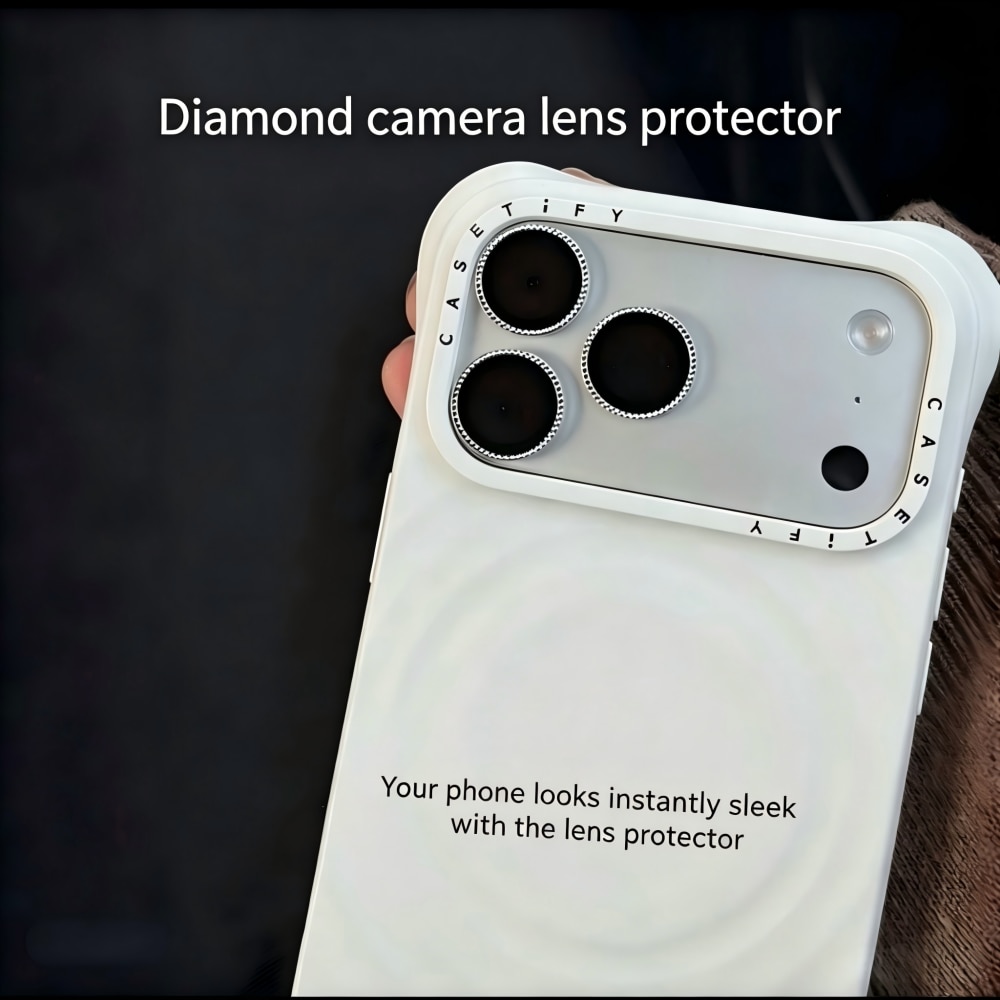 Folie Protectie Camera cu Pietricele Diamantate compatibila cu iPhone 17 Pro Max, Sticla Temperata 9H, Full Cover, AR Anti-Reflexie 98% Transmisie Luminoasa, Anti Amprente, Anti Zgarieturi, Anti Socuri, Argintiu