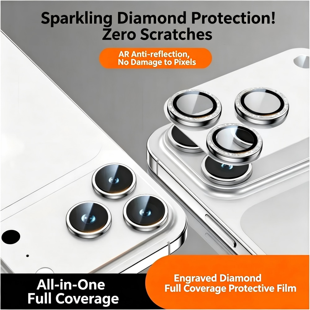 Folie Protectie Camera cu Pietricele Diamantate compatibila cu iPhone 17 Pro Max, Sticla Temperata 9H, Full Cover, AR Anti-Reflexie 98% Transmisie Luminoasa, Anti Amprente, Anti Zgarieturi, Anti Socuri, Argintiu