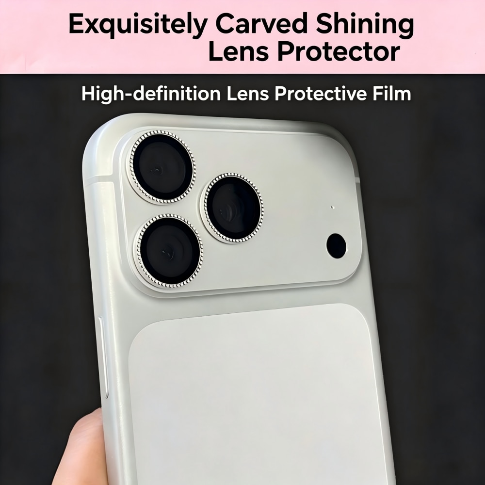 Folie Protectie Camera cu Pietricele Diamantate compatibila cu iPhone 17 Pro Max, Sticla Temperata 9H, Full Cover, AR Anti-Reflexie 98% Transmisie Luminoasa, Anti Amprente, Anti Zgarieturi, Anti Socuri, Argintiu