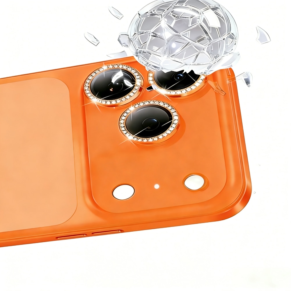 Folie Protectie Camera cu Pietricele Diamantate compatibila cu iPhone 17 Pro Max, Sticla Temperata 9H, Full Cover, AR Anti-Reflexie 98% Transmisie Luminoasa, Anti Amprente, Anti Zgarieturi, Anti Socuri, Portocaliu