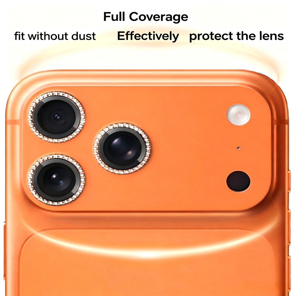 Folie Protectie Camera cu Pietricele Diamantate compatibila cu iPhone 17 Pro Max, Sticla Temperata 9H, Full Cover, AR Anti-Reflexie 98% Transmisie Luminoasa, Anti Amprente, Anti Zgarieturi, Anti Socuri, Portocaliu