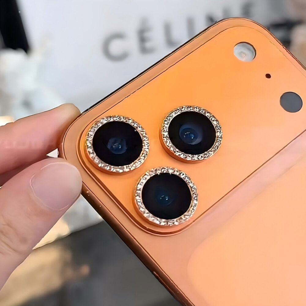 Folie Protectie Camera cu Pietricele Diamantate compatibila cu iPhone 17 Pro Max, Sticla Temperata 9H, Full Cover, AR Anti-Reflexie 98% Transmisie Luminoasa, Anti Amprente, Anti Zgarieturi, Anti Socuri, Portocaliu