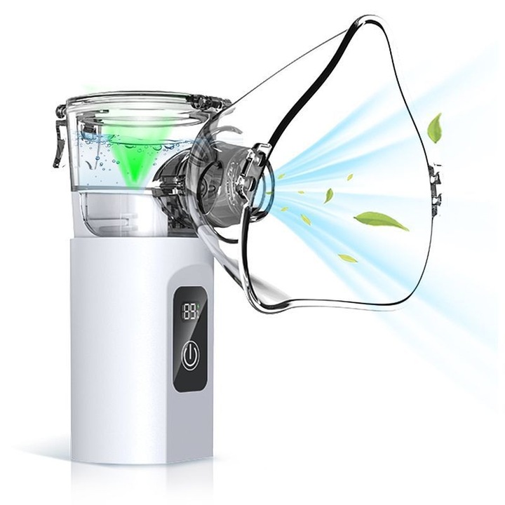 MILARIS® Aeroszolos készülék, porlasztó, ultra csendes, újratölthető, 1800mAh akkumulátor, vízálló, 3 sebességfokozat, túlmelegedés elleni védelem, digitális kijelző, hordozható, kompakt kialakítás, fehér