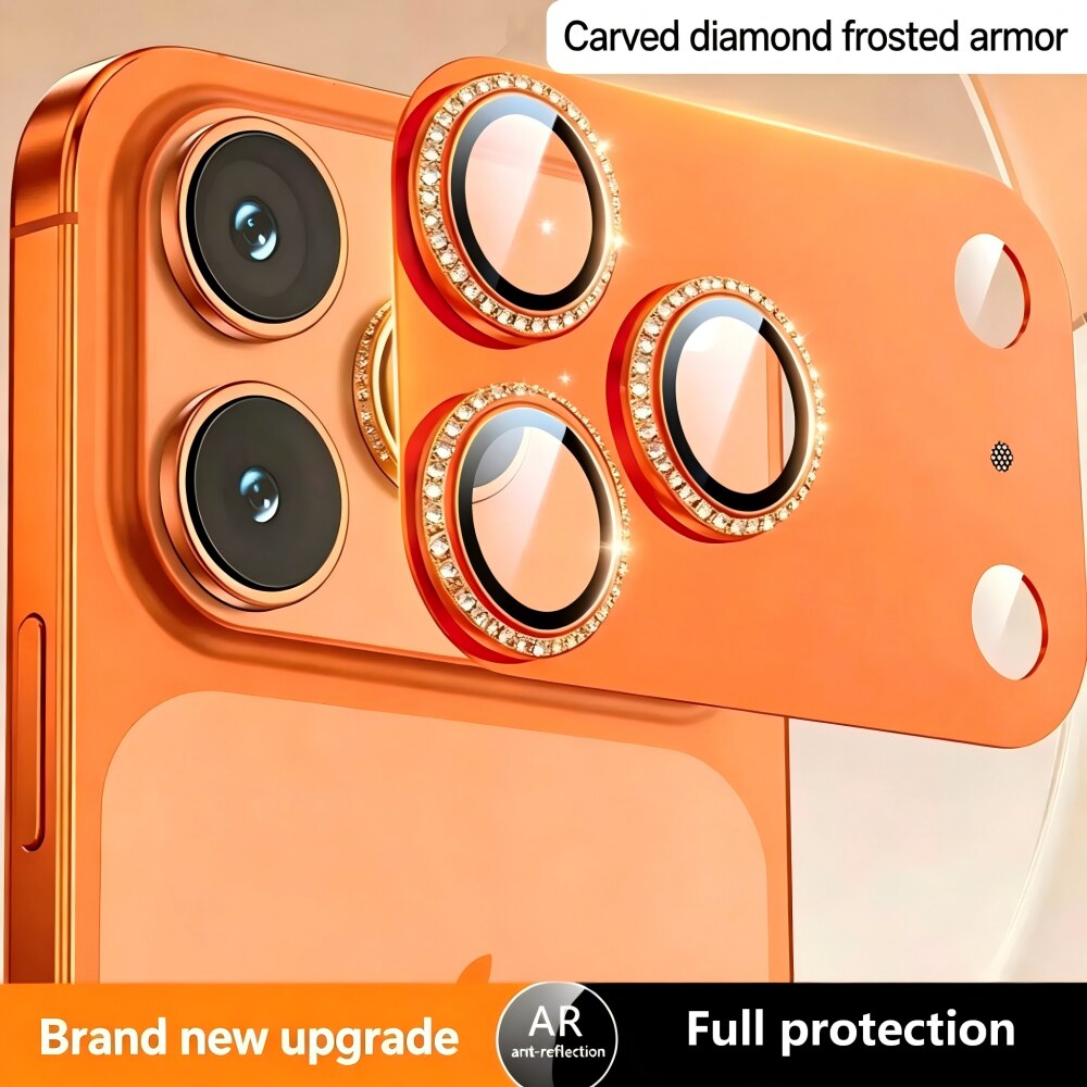 Folie Protectie Camera cu Pietricele Diamantate compatibila cu iPhone 17 Pro Max, Sticla Temperata 9H, Full Cover, AR Anti-Reflexie 98% Transmisie Luminoasa, Anti Amprente, Anti Zgarieturi, Anti Socuri, Portocaliu