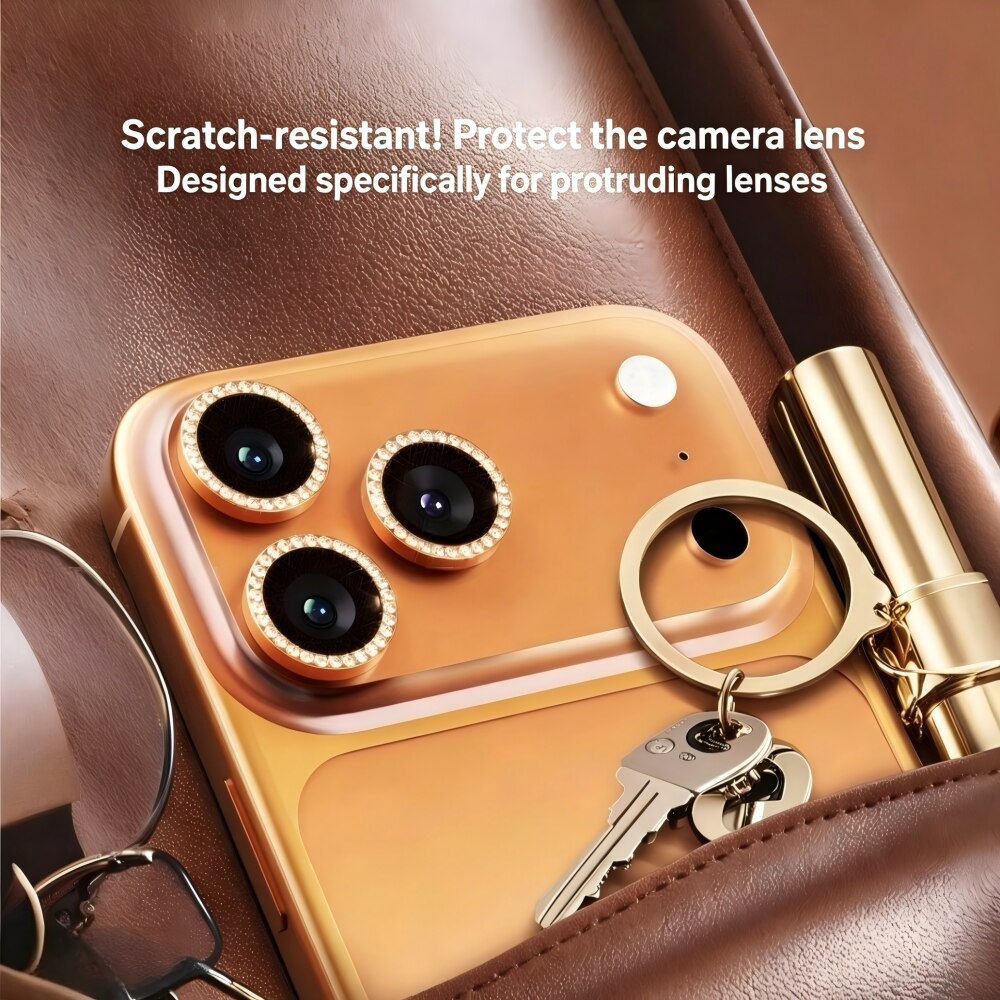 Folie Protectie Camera cu Pietricele Diamantate compatibila cu iPhone 17 Pro Max, Sticla Temperata 9H, Full Cover, AR Anti-Reflexie 98% Transmisie Luminoasa, Anti Amprente, Anti Zgarieturi, Anti Socuri, Portocaliu