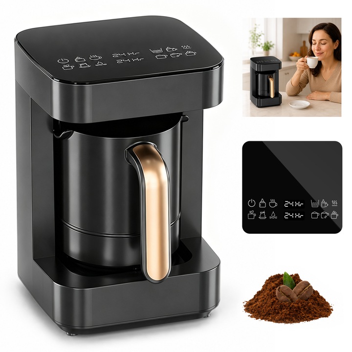 Aparat de Cafea, DEYKAY,600W,1-7 Cani, Hot & Cold Milk Frother, Preparare Precisa la 92°C, Keep Warm Function, Incalzire cu Afisaj Digital, Cu Functie de Amestecare, Negru