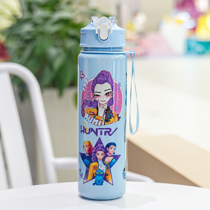 Sticla de apa cu pai, Huntrix, 700ml, albastra