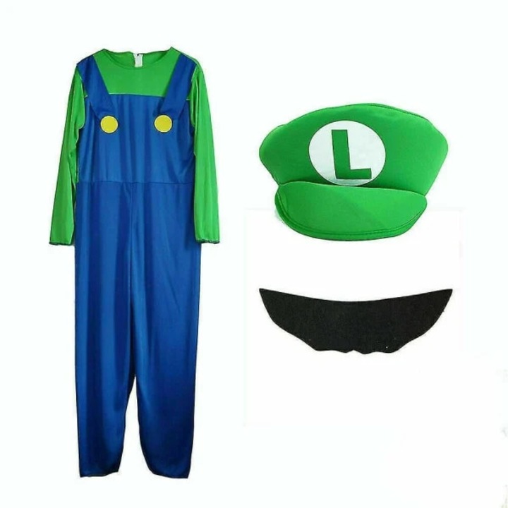 Costum de carnaval Super Mario Bros. pentru barbati, set cu rochie, palarie si barba, verde, marimea M
