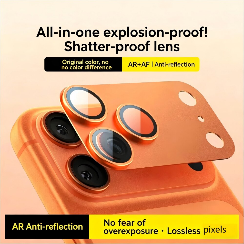 Folie Protectie Camera compatibila cu iPhone 17 Pro, Full Cover, Protectie Profesionala, Sticla temperata 9H, Ultra HD, Anti Amprente, Anti Zgarieturi, Anti Socuri, Portocaliu