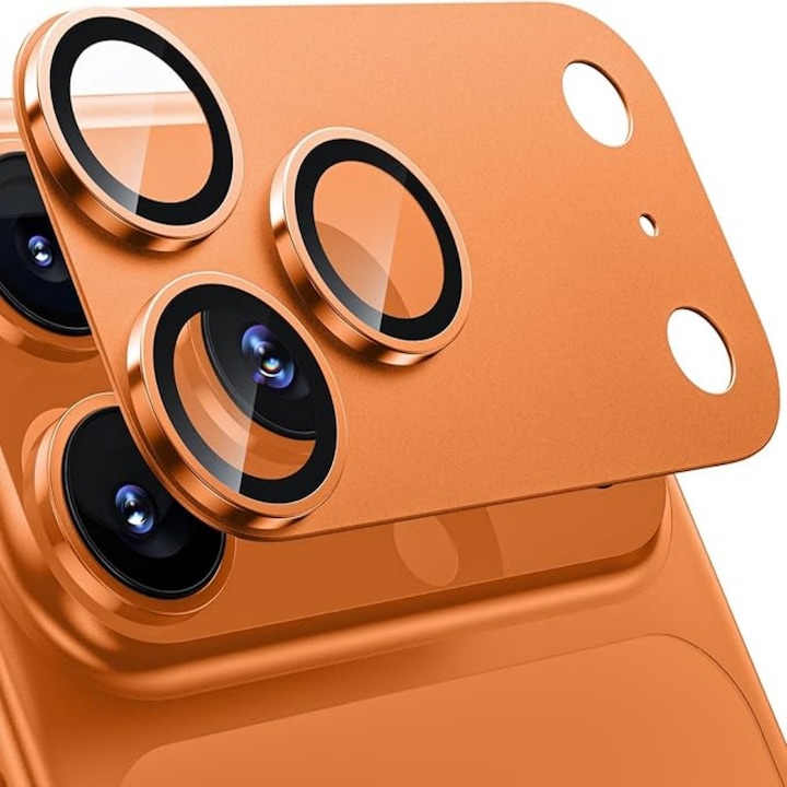Folie Protectie Camera compatibila cu iPhone 17 Pro, Full Cover, Protectie Profesionala, Sticla temperata 9H, Ultra HD, Anti Amprente, Anti Zgarieturi, Anti Socuri, Portocaliu