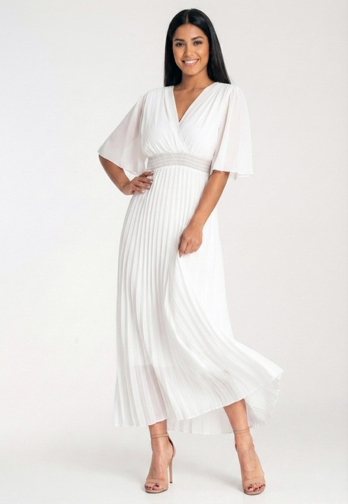 Figl női ruha, pliszírozott, V-nyakú, rövid ujjú, fehér, S-M INTL