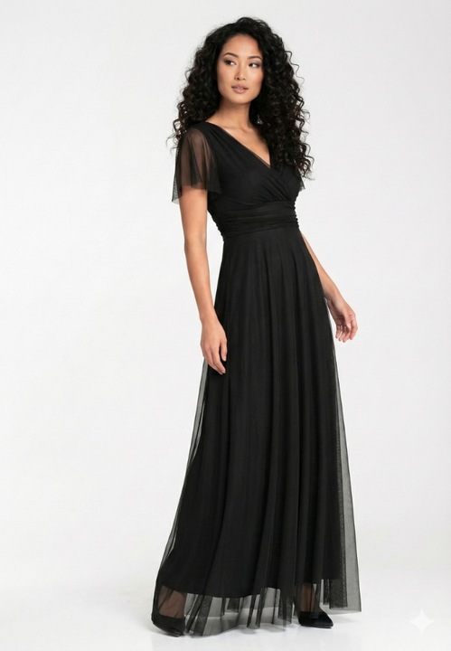 Figl hosszú ruha, V-nyakú, rövid átlátszó ujjú, fekete, tüll