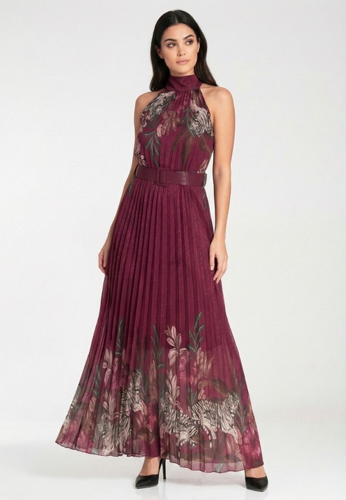 Figl hosszú ruha, pliszírozott, virágos és állatmintás, bordó, derékban megkötős