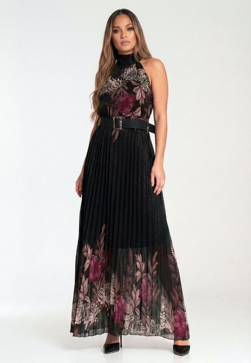 Figl hosszú ruha, pliszírozott, virágos és állatmintás, fekete, M INTL